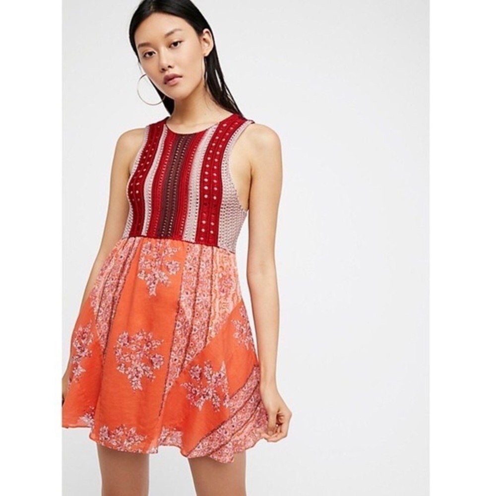 Free People • Katie’s Crochet Top Mini Dress boho bandana print red orange flare